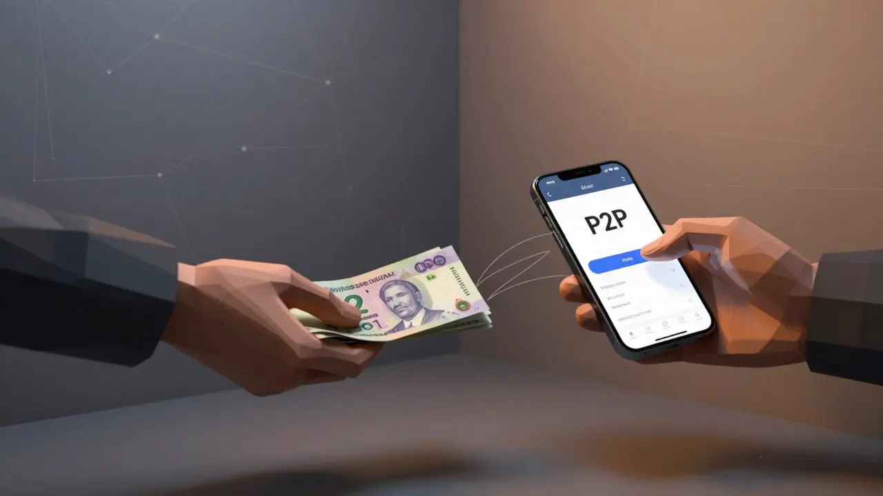 Two hands exchanging cash and crypto confirmation on a phone in a hidden peer-to-peer trade.