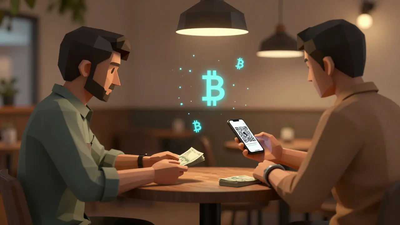 Two people exchanging cash for cryptocurrency in a café, QR code being scanned on a phone.