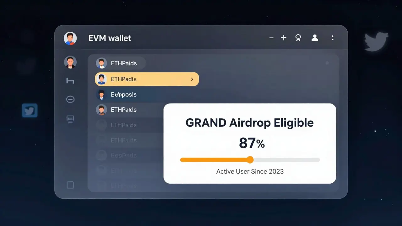 Wallet interface showing ETHPad transaction history and 'GRAND Airdrop Eligible' notification in low poly style.