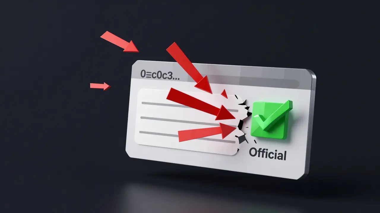 A blockchain wallet address with red transactions flowing in, while a shattered 'Official' checkmark floats nearby.