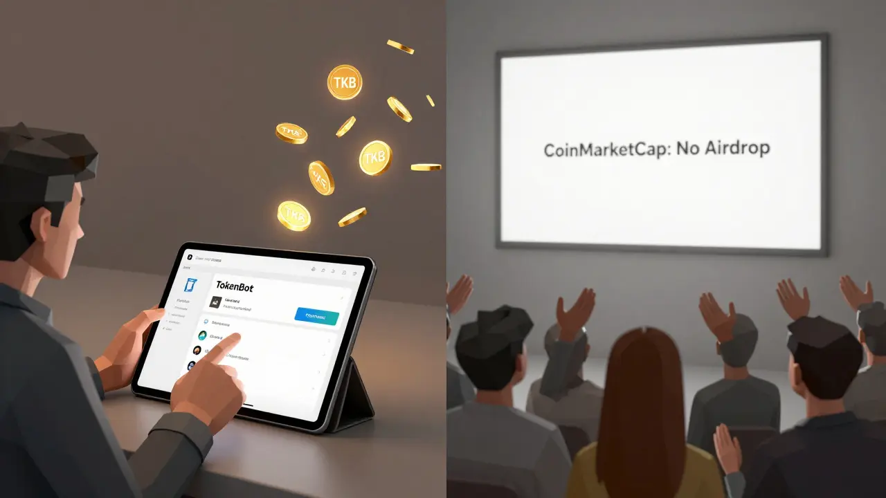 A creator distributing TKB tokens via Farcaster while others wait in vain for a non-existent CoinMarketCap airdrop.