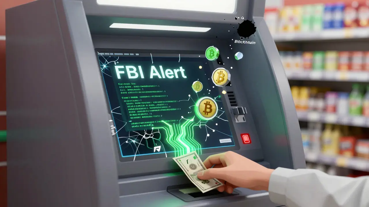 A crypto ATM with malware glowing inside, displaying a fraudulent FBI alert as cash is inserted and Bitcoin icons vanish.