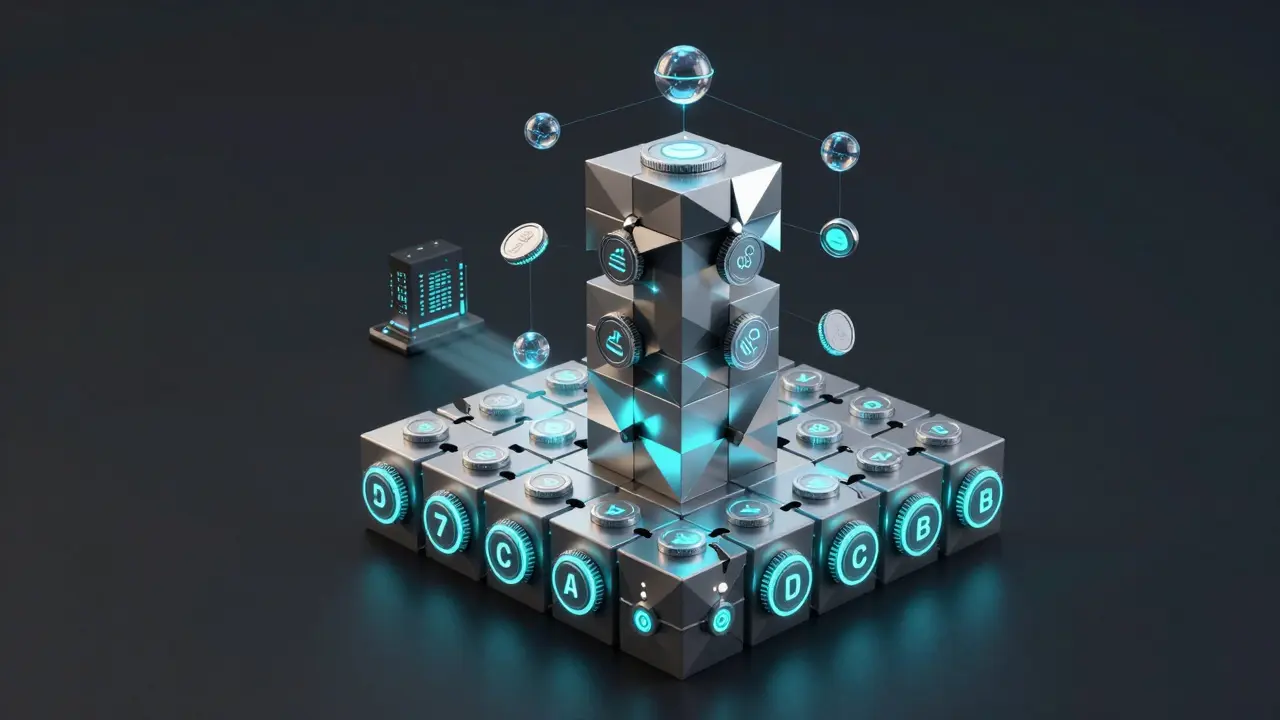 A hybrid blockchain tower with nonce puzzles at the base and proof-of-stake orbs above, under a distant quantum computer pulse.