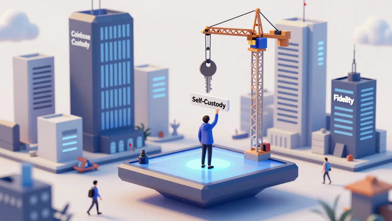 A lone user holds a self-custody key as corporate custodians lower regulatory chains onto a blockchain platform.