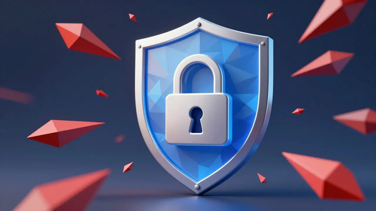 A low poly shield blocking red threats from a digital lock.