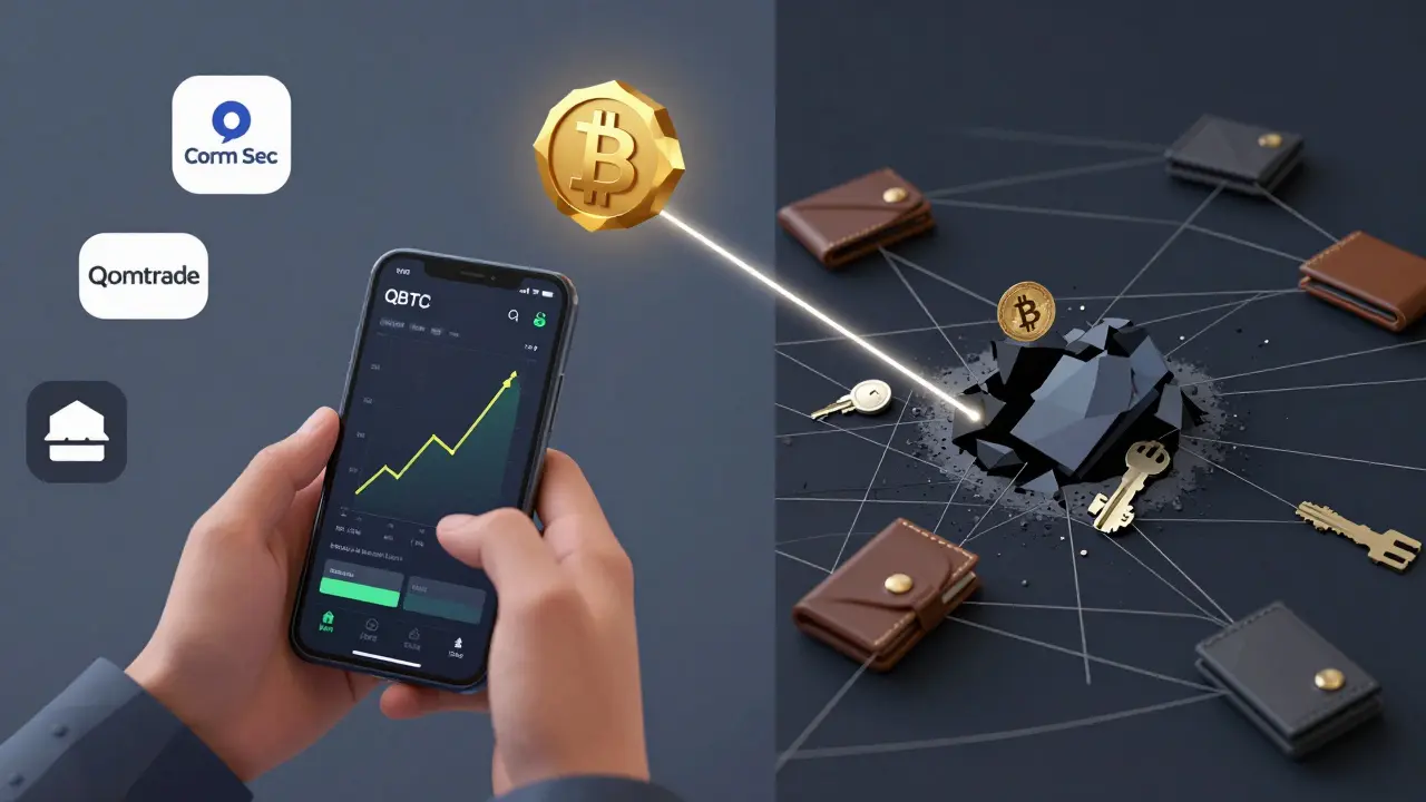 A person viewing a QBTC stock chart on a phone beside crumbling crypto keys, symbolizing secure investing vs. risky crypto ownership.