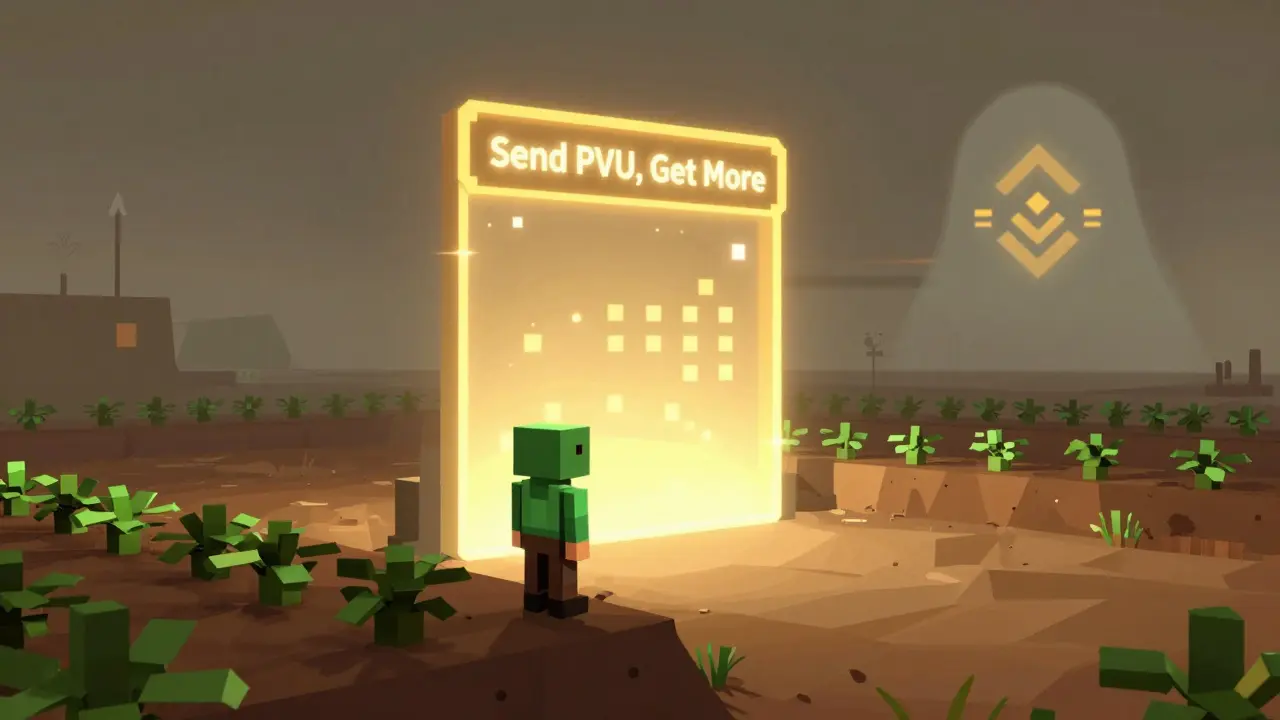 A player standing before a deceptive airdrop portal in a barren virtual farm, with a fading Binance logo.