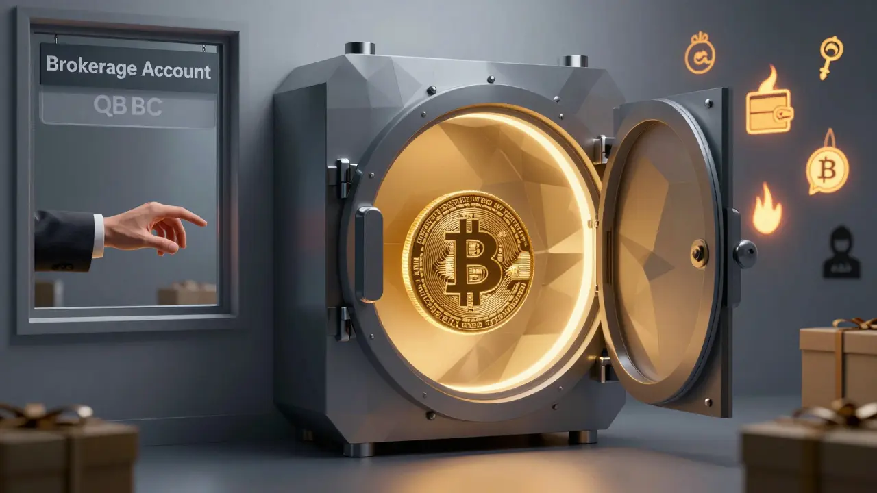 A secure geometric vault holding Bitcoin, with a hand buying QBTC shares through a brokerage window while chaotic crypto symbols burn nearby.