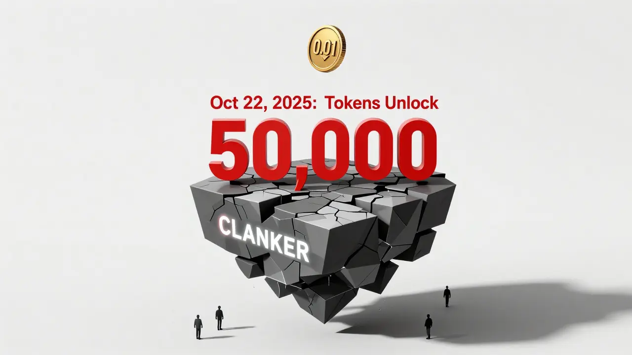 A sinking CLANKER token island with a countdown timer and a tiny 0.01 ETH coin falling away into darkness.