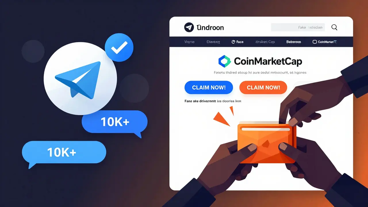 A split scene showing a verified Telegram group versus a fake airdrop scam site in low-poly design.