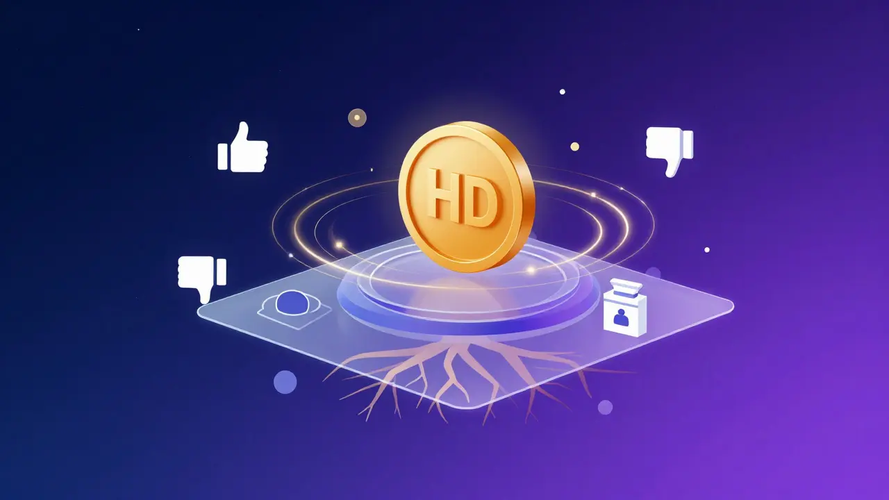 A transparent governance dashboard with voting symbols and staking rewards orbiting a central HOD token in low-poly geometric style.