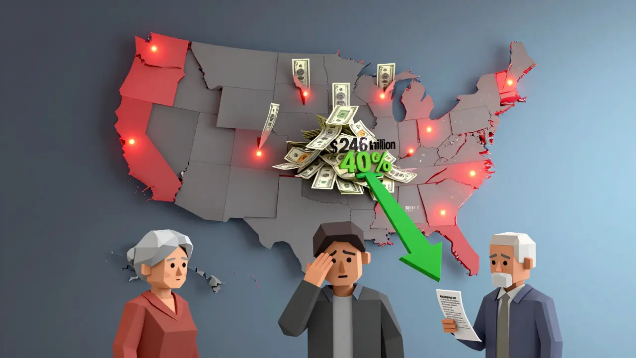 A U.S. map showing fraud hotspots and a green arrow indicating Arizona's 40% loss reduction after new crypto ATM rules.