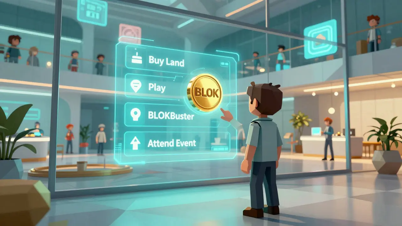 A user interacting with holographic BLOK token options inside Bloktopia's virtual lobby.