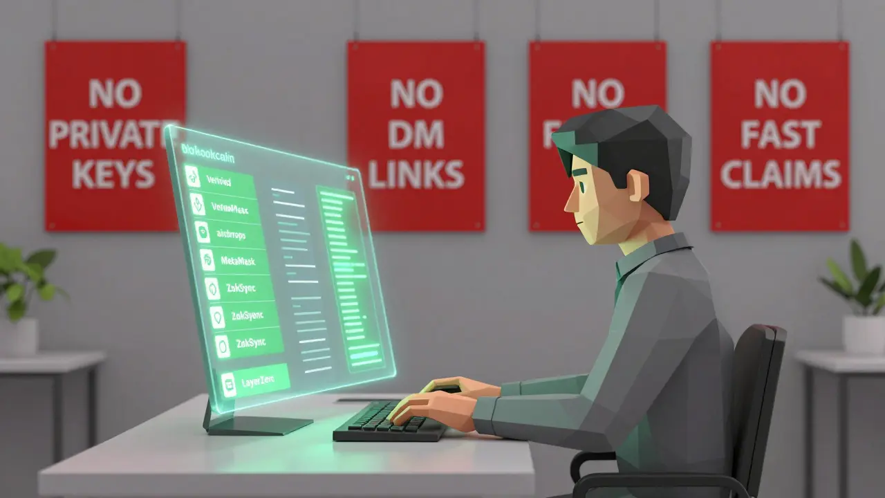 A user observing verified airdrops on a holographic ledger, with warning signs in the background in low-poly style.