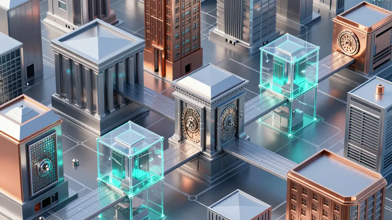 Abstract architectural blend of banks and blockchain structures in low poly.