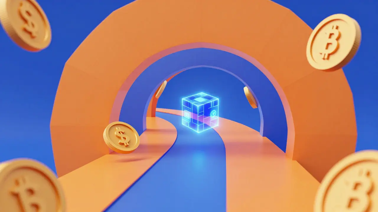 Abstract geometric illustration of fiat currency converting to digital tokens.