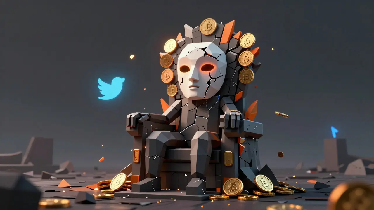 An abandoned AI mask on a throne of shattered crypto symbols, with fading neon hues suggesting hype's end.