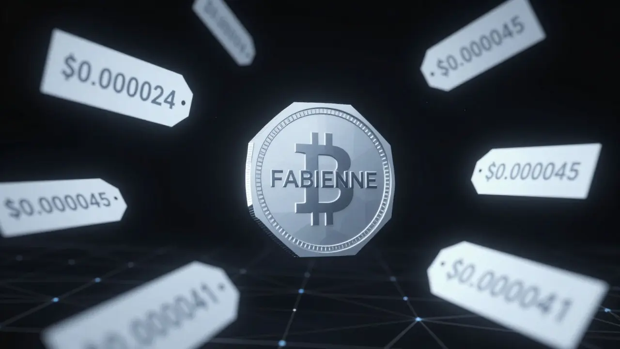 An abandoned crypto token floating in space with ghostly price tags showing conflicting values, set against a dark void.