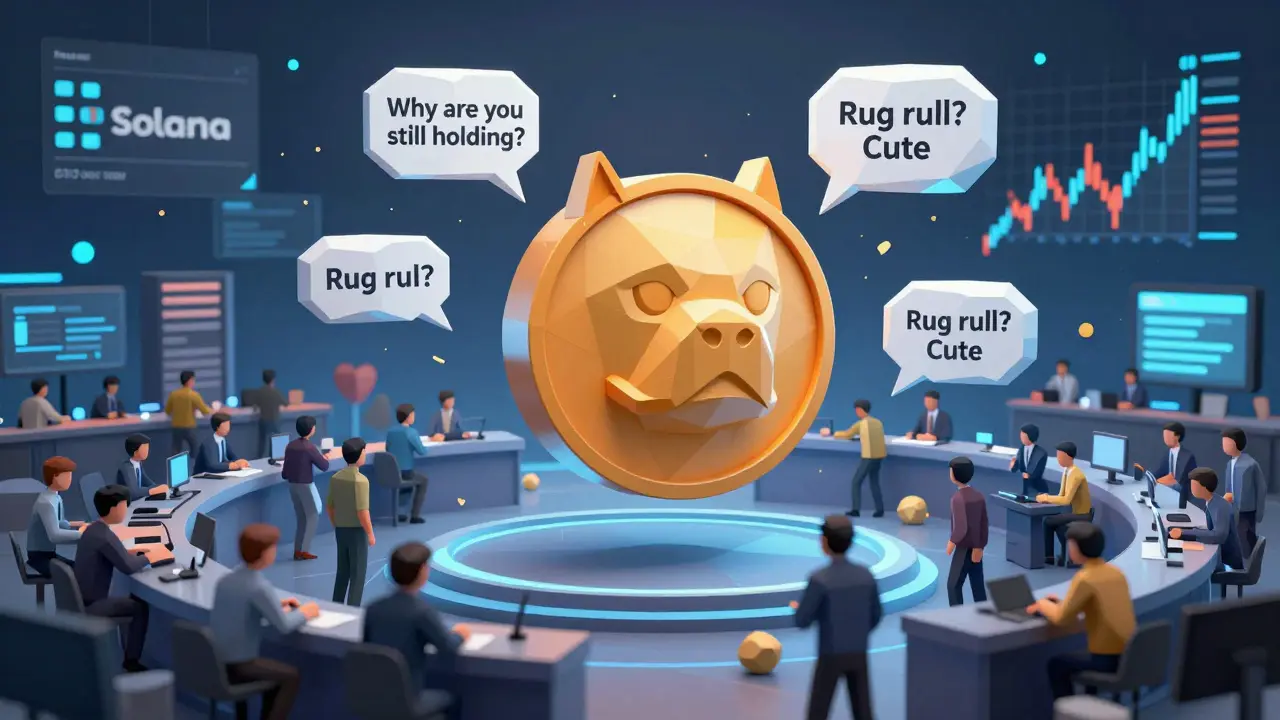 Chaotic trading floor with floating BULLY token emitting sarcastic speech bubbles amid collapsing price charts.