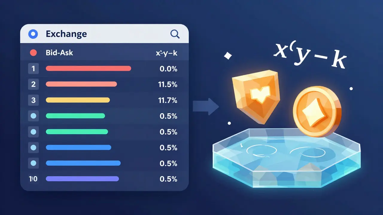 Comparison of centralized order book and decentralized liquidity pool with x*y=k formula, connected by arbitrage arrow.