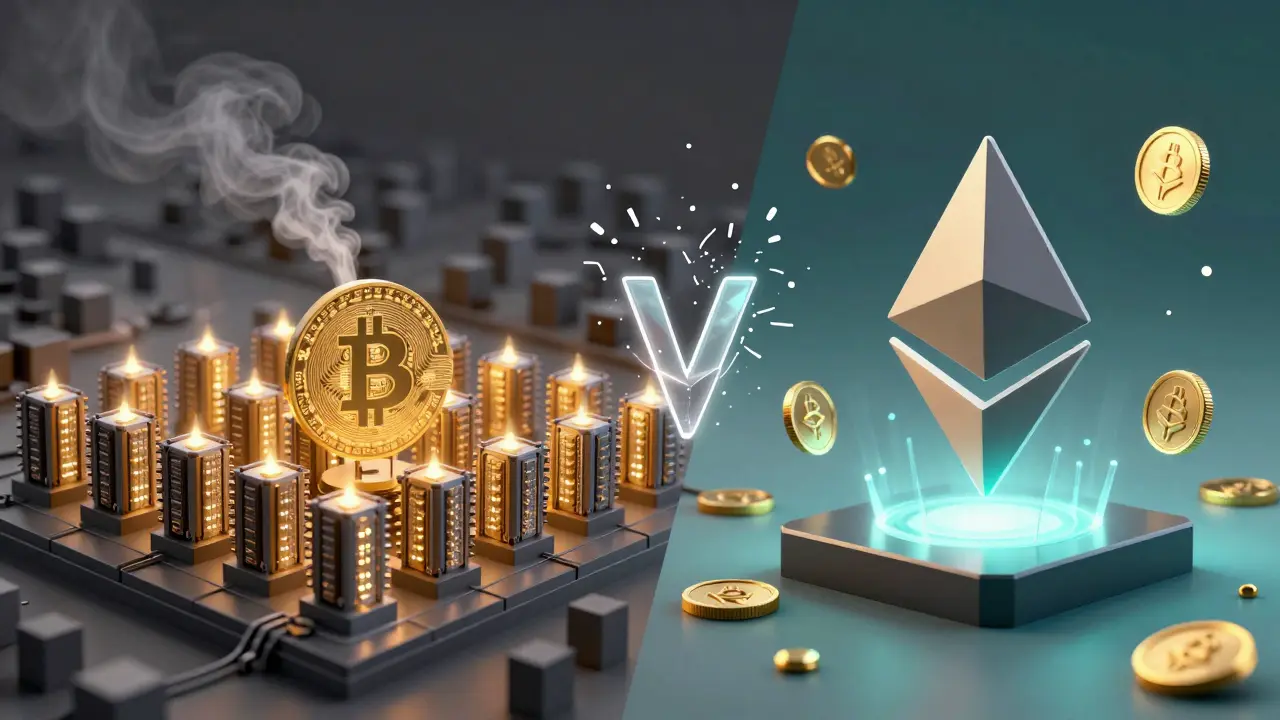 Contrasting scenes of energy-heavy Bitcoin mining and energy-efficient Ethereum staking, with a shattering nonce symbol between them.