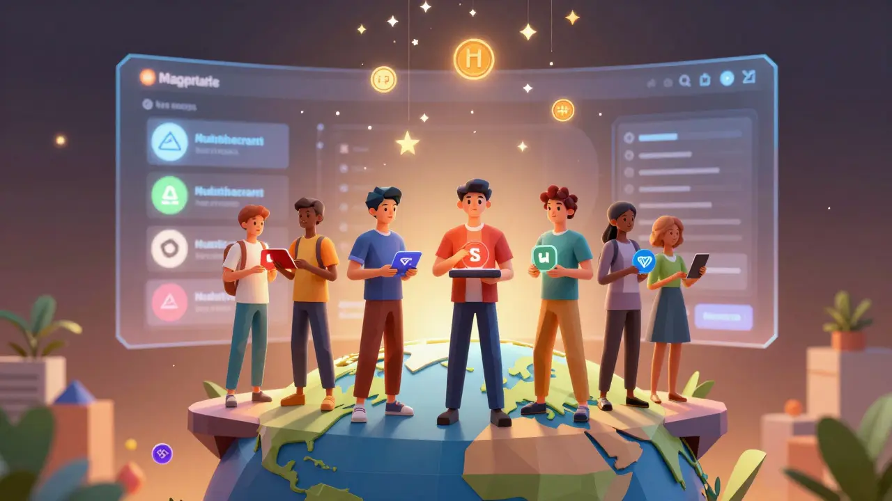 Diverse creators on a floating platform holding NFTs, with multi-chain logos glowing behind them in a low-poly digital style.