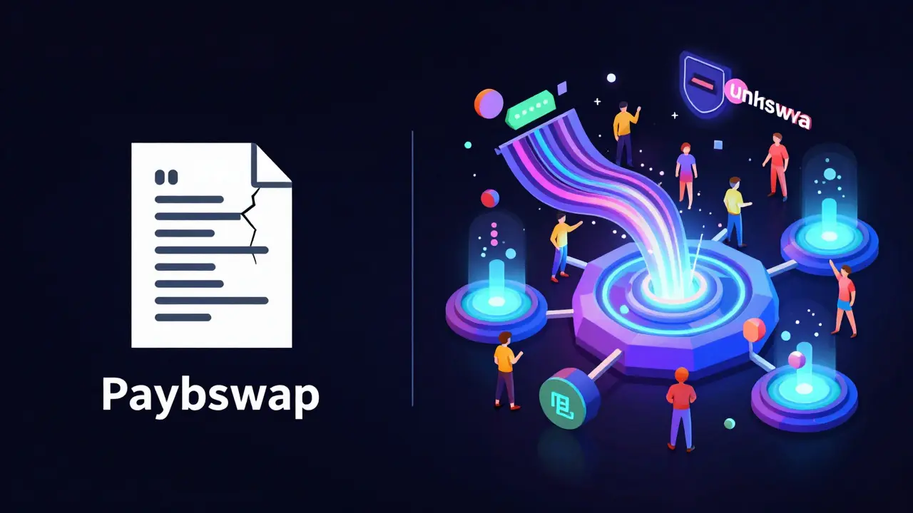 Dormant Paybswap prototype versus active Uniswap and PancakeSwap with flowing transactions in low poly style.