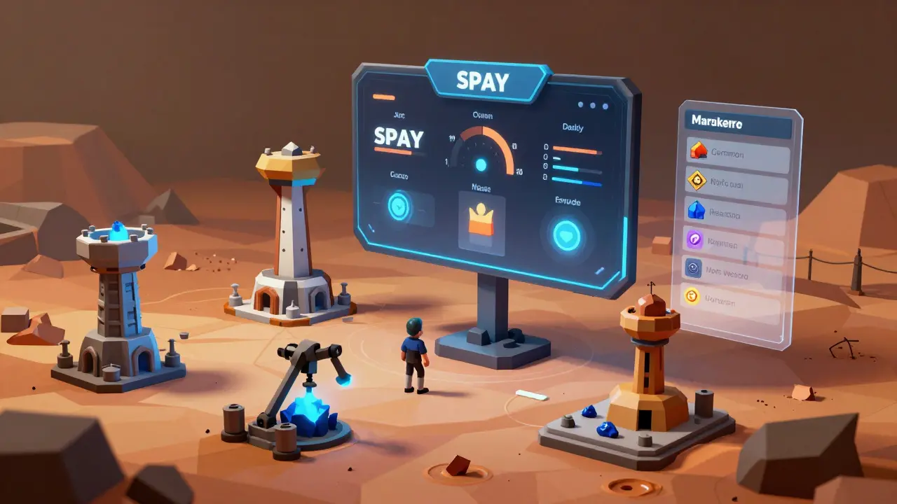 Floating 3D interface above a Mars base showing SPAY tokens, ore production, and tower upgrades without text.
