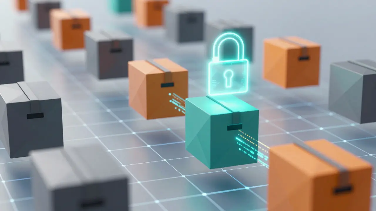 Geometric cargo containers moving on a digital blockchain track.