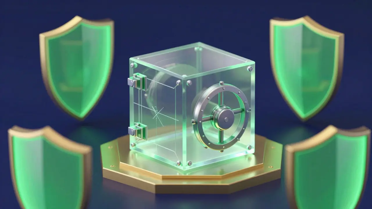 Geometric security shield protecting a digital vault in vibrant colors.
