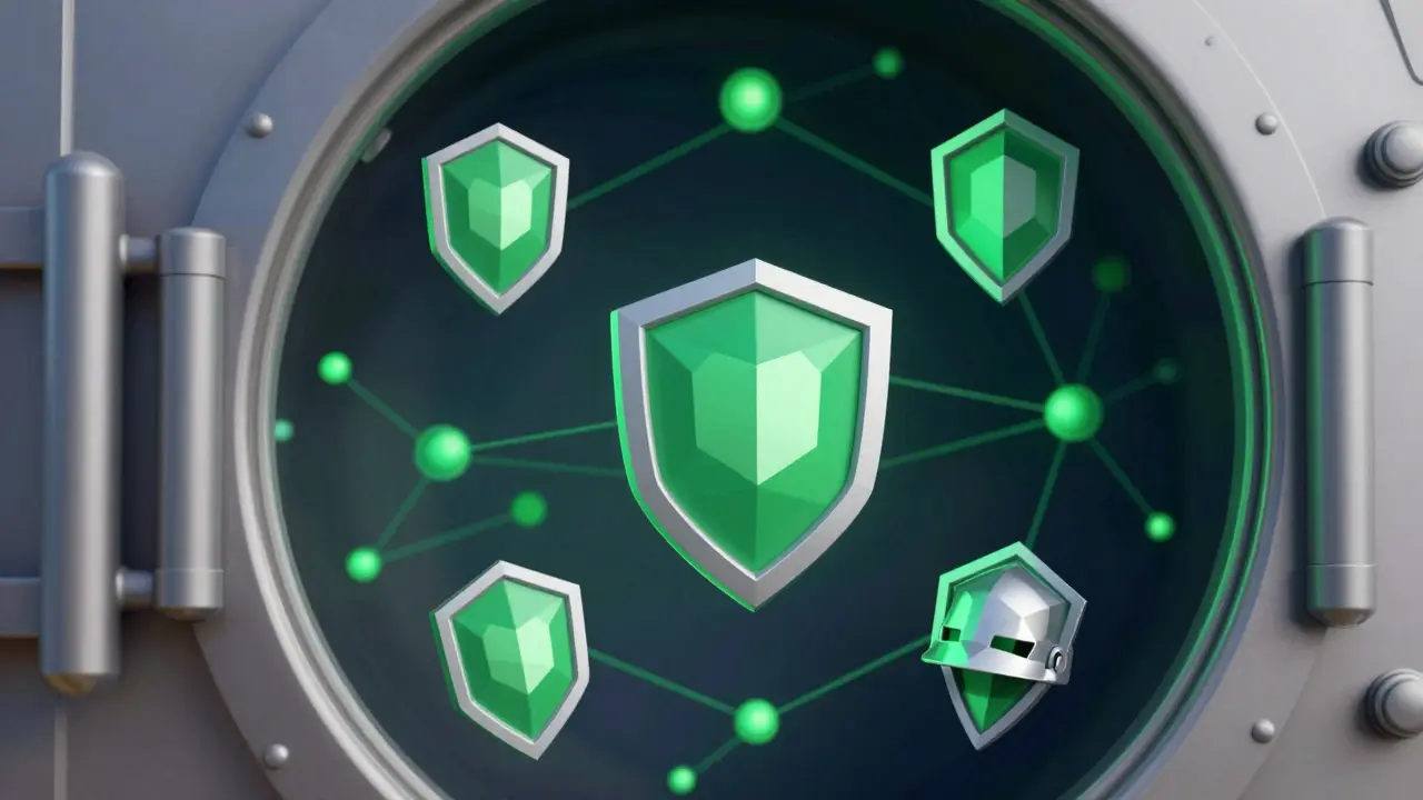 Geometric tokens and network nodes representing blockchain ownership.