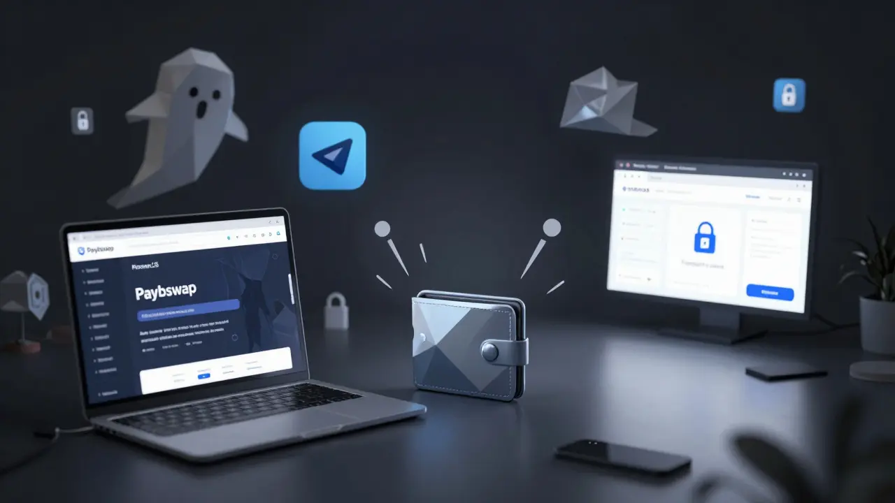 Ghostly phishing scams surrounding a wallet near secure DEXs in low poly digital style.