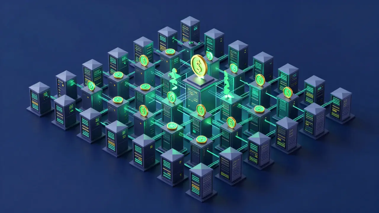 Grid of angular mining computers with floating gold data streams