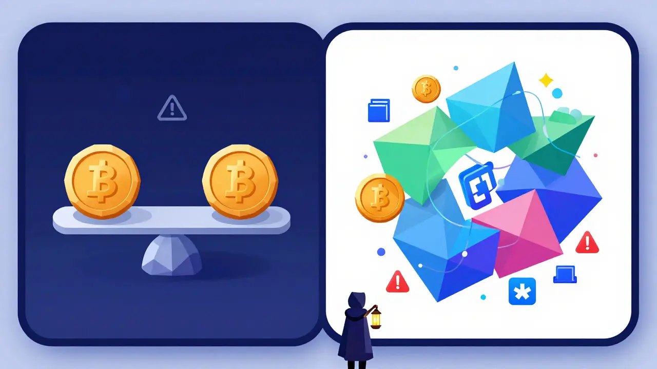 Isometric DeFi dashboard with balanced liquidity pool on one side and chaotic yield farming strategies on the other, with a watchful figure.