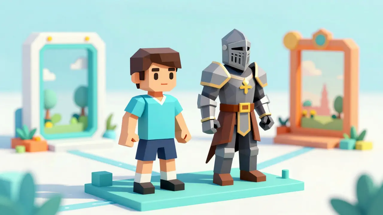 Low poly avatars from different games standing on a shared platform.