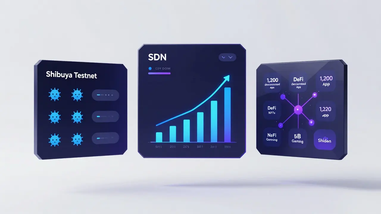 Low-poly dashboard showing Shibuya testnet, SDN staking, and 1,200 active dApps