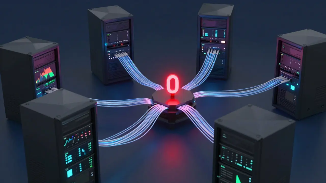 Network of low-poly servers and fiber cables pulsing with data streams, highlighting speed and order flow analytics.