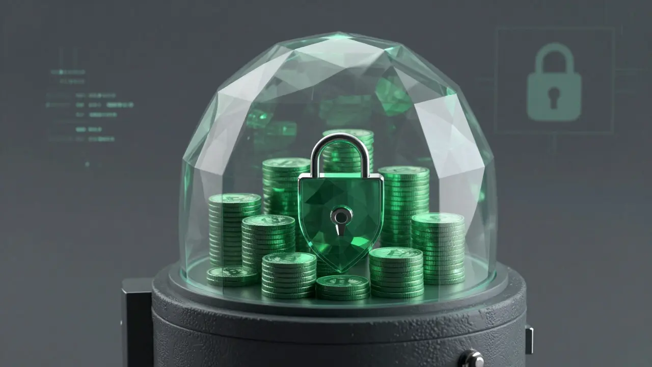 Secure digital vault with polygon mesh shielding cryptocurrency assets.