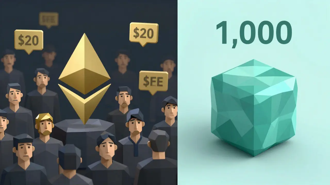 Side-by-side low-poly scene: congested Ethereum with high fees versus a streamlined rollup system with bundled transactions.