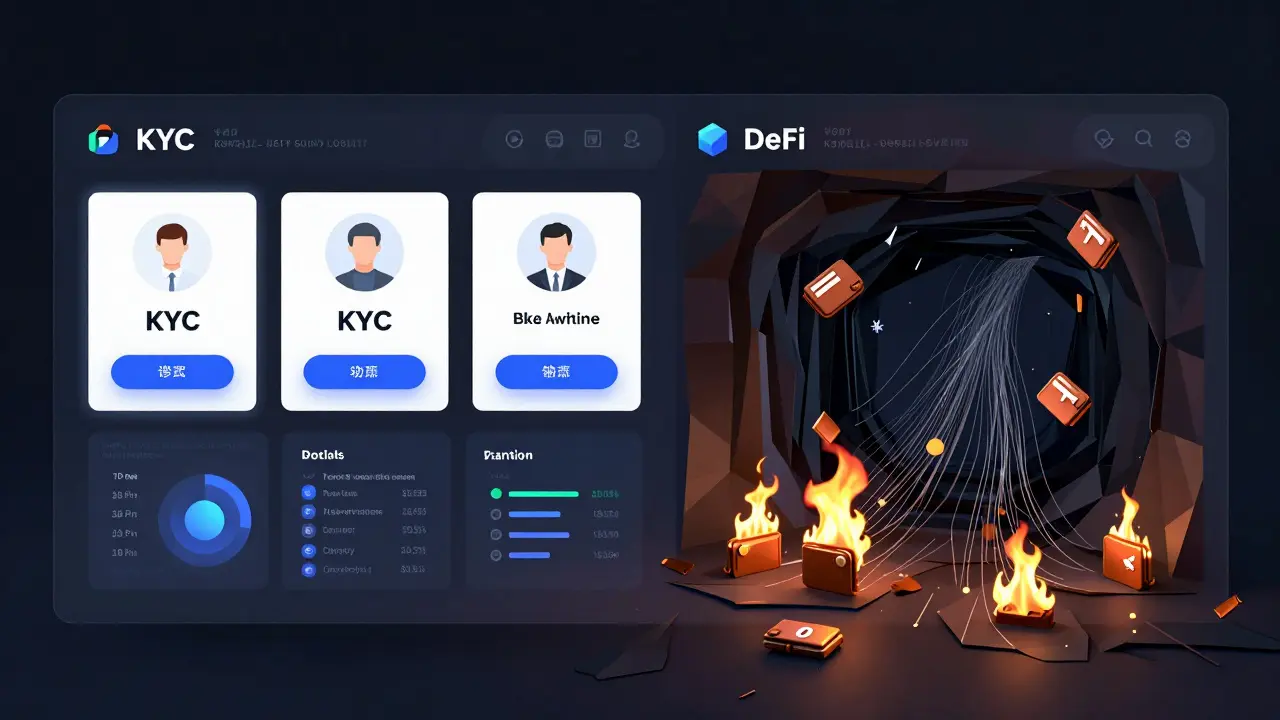 Split view of a DeFi interface torn between compliance tools and collapsing privacy trails.