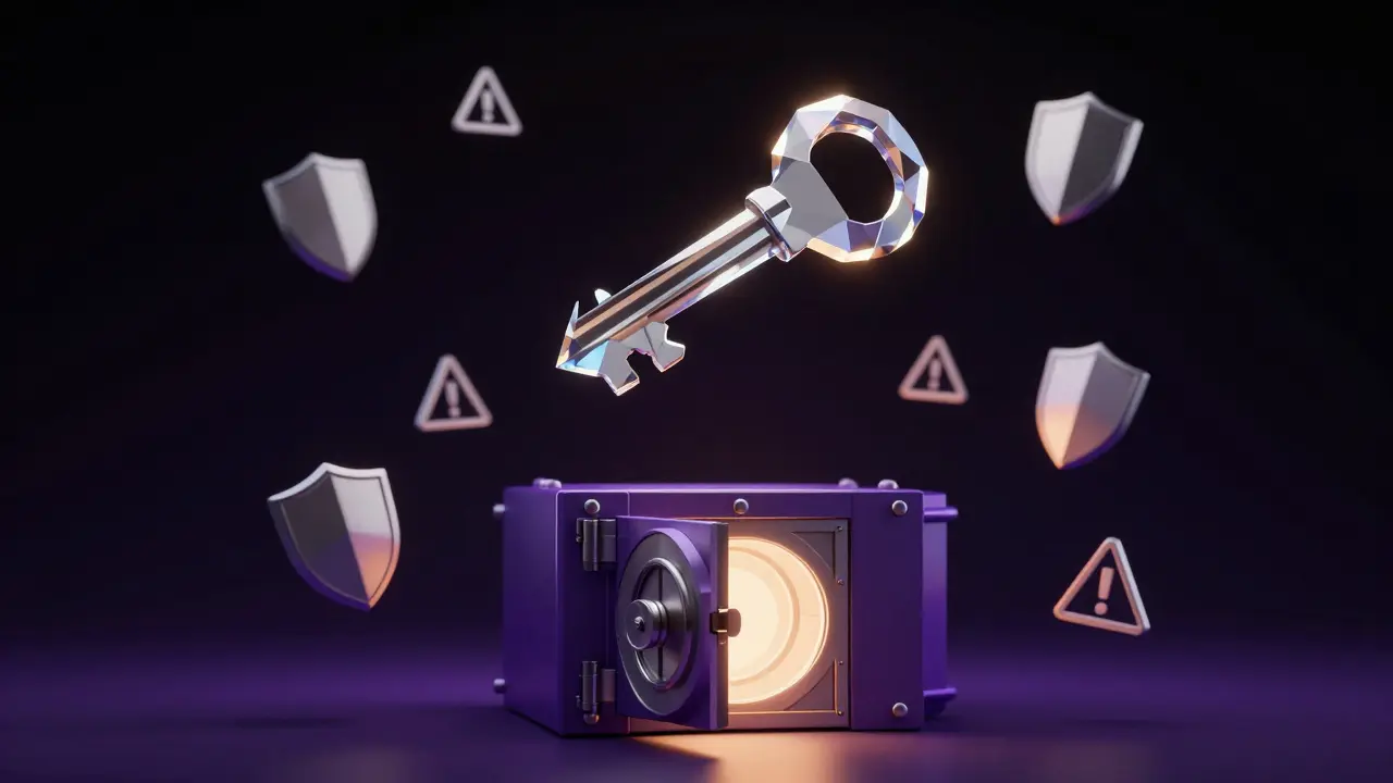 Stylized low poly key floating above a secure digital vault lock.