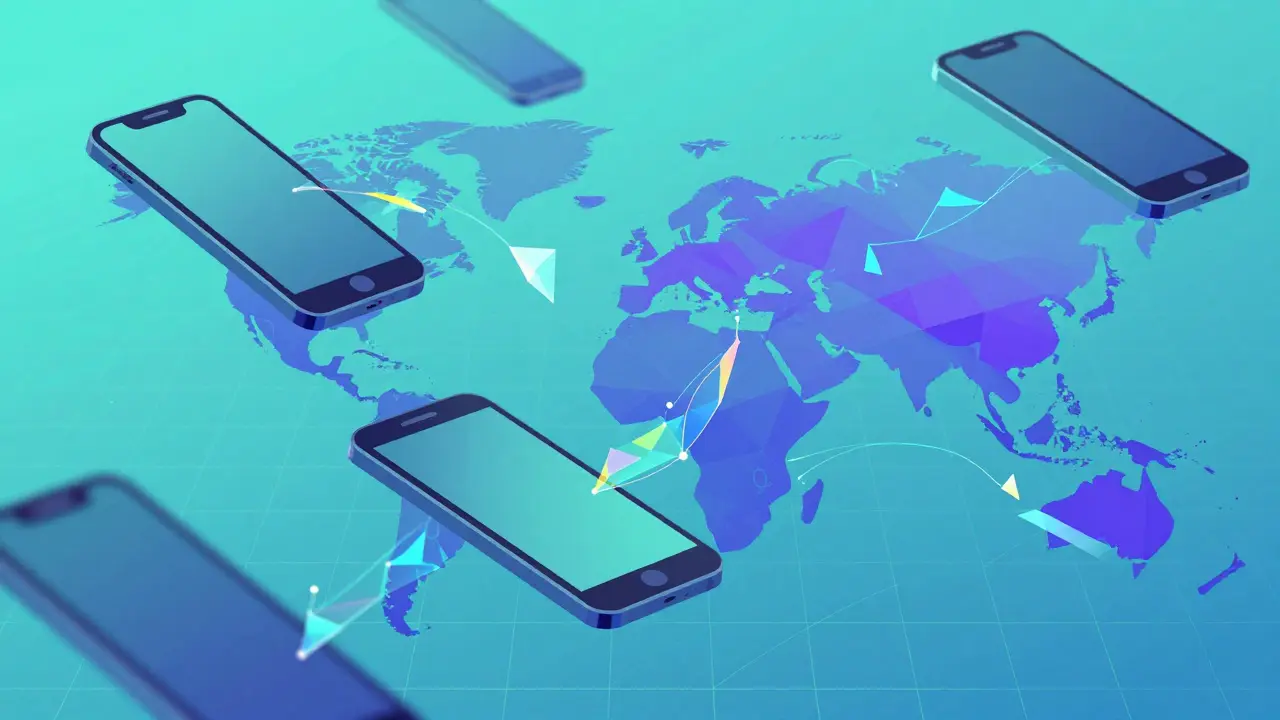 Stylized mobile devices exchanging data packets across a network grid.