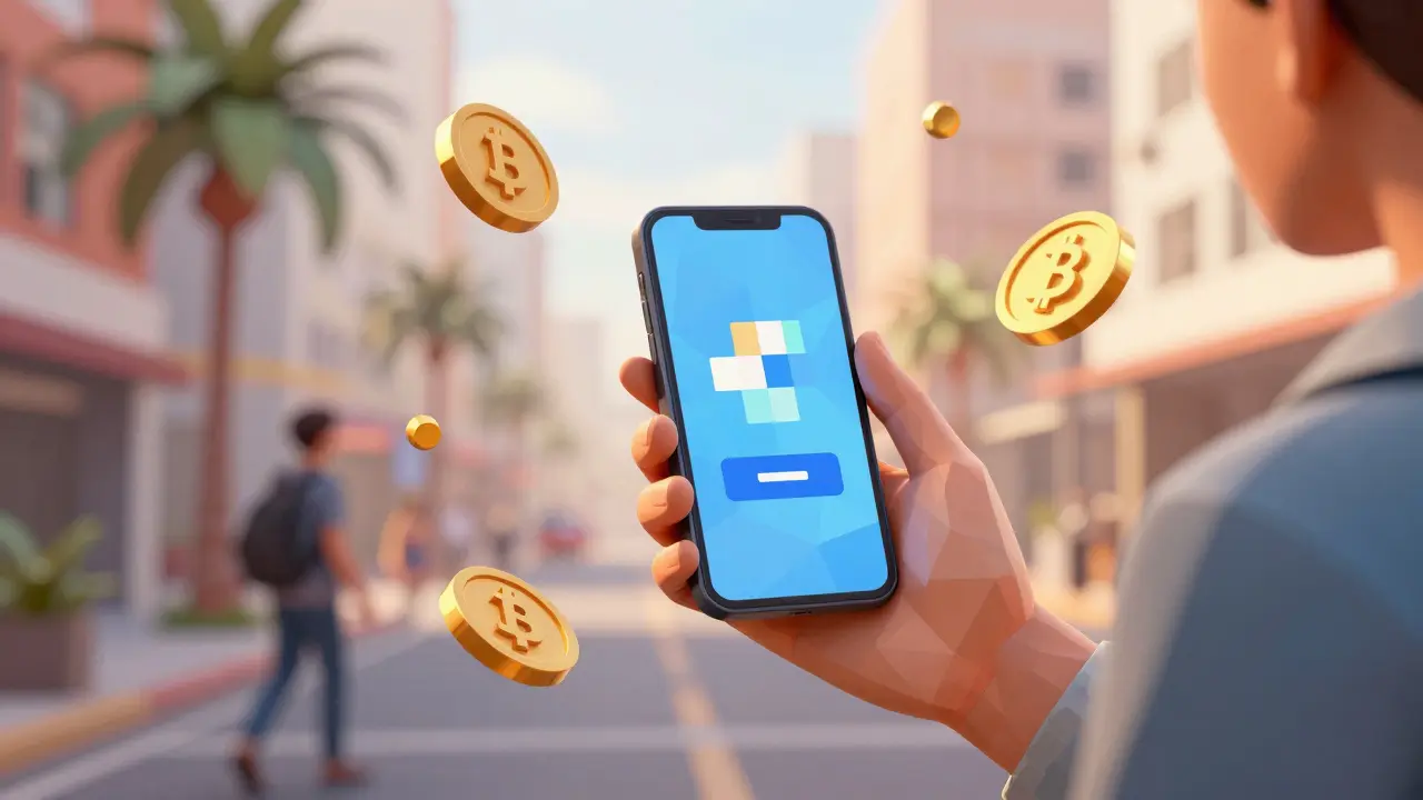 Stylized person using phone with floating crypto coins transforming to blocks.