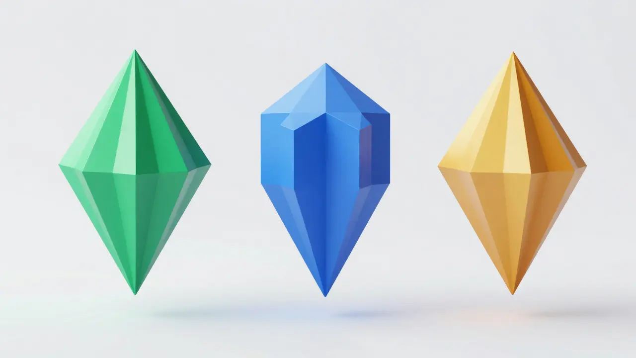 Three separate colorful polygonal structures floating in space.