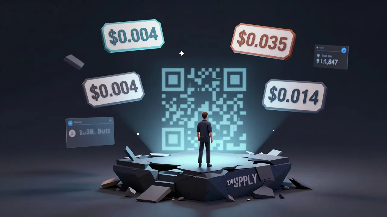 Trader on a crumbling platform surrounded by conflicting price tags in a void.