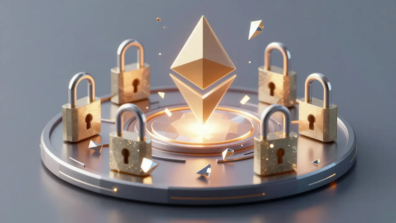 Translucent low poly tokens locking onto a blockchain ring platform