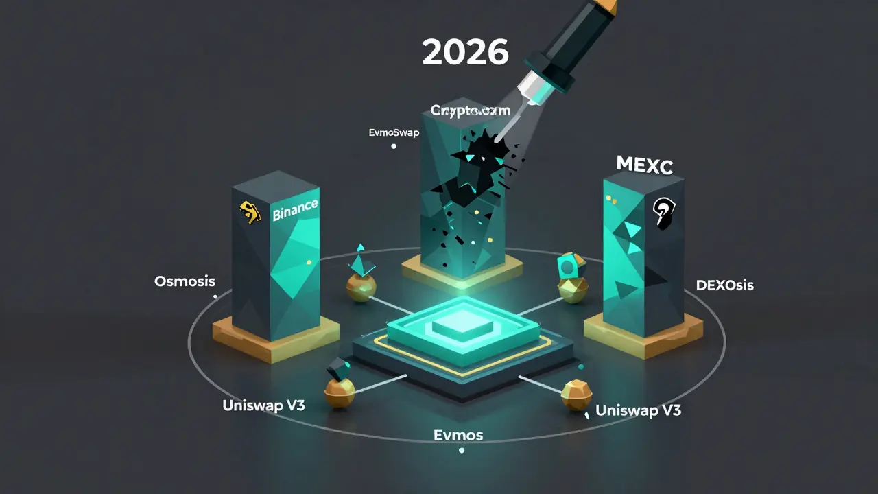 Trusted crypto exchanges tower above the Evmos blockchain, while a fake EvmoSwap entity fades away.