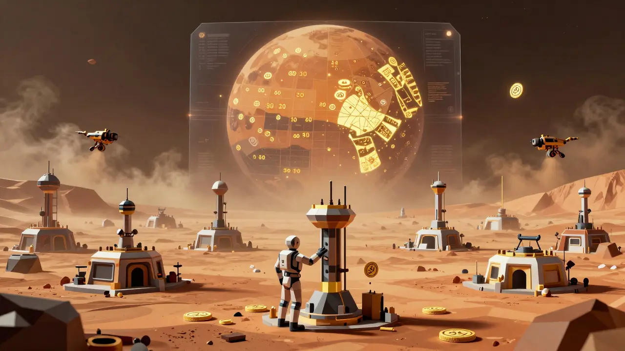Vast Mars colony with 360 low-poly player plots, 100 glowing gold, as a player places a new tower surrounded by SPAY tokens.