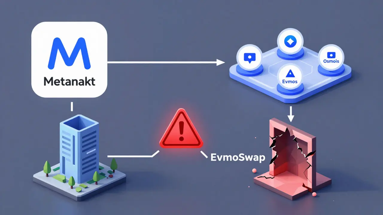 Wallet connected to trusted exchanges and DEXs, with a warning sign near a fake EvmoSwap portal.
