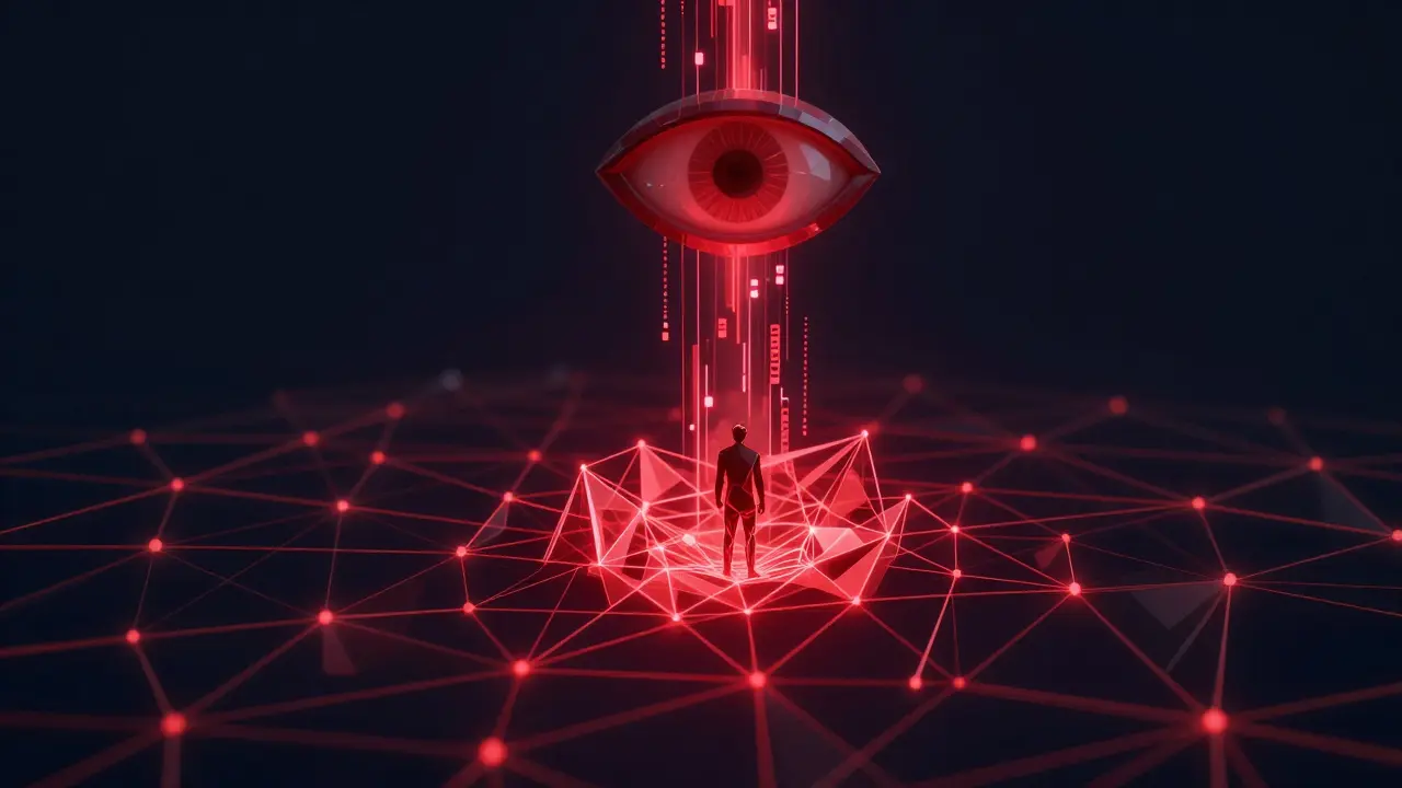 A faceted human figure caught in a red low poly surveillance network